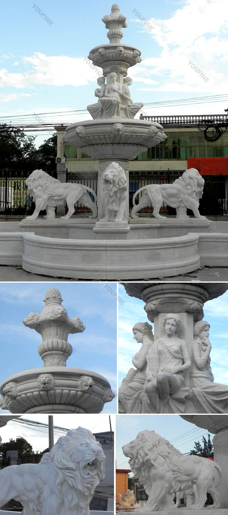 life-size-cheap-two-tiered-garden-white-marble-fountain-with-lion-and-figure-statue-for-sale